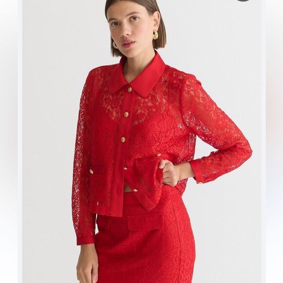 J Crew Lady shirt-jacket red lace stretch size Medium - Picture 1 of 7